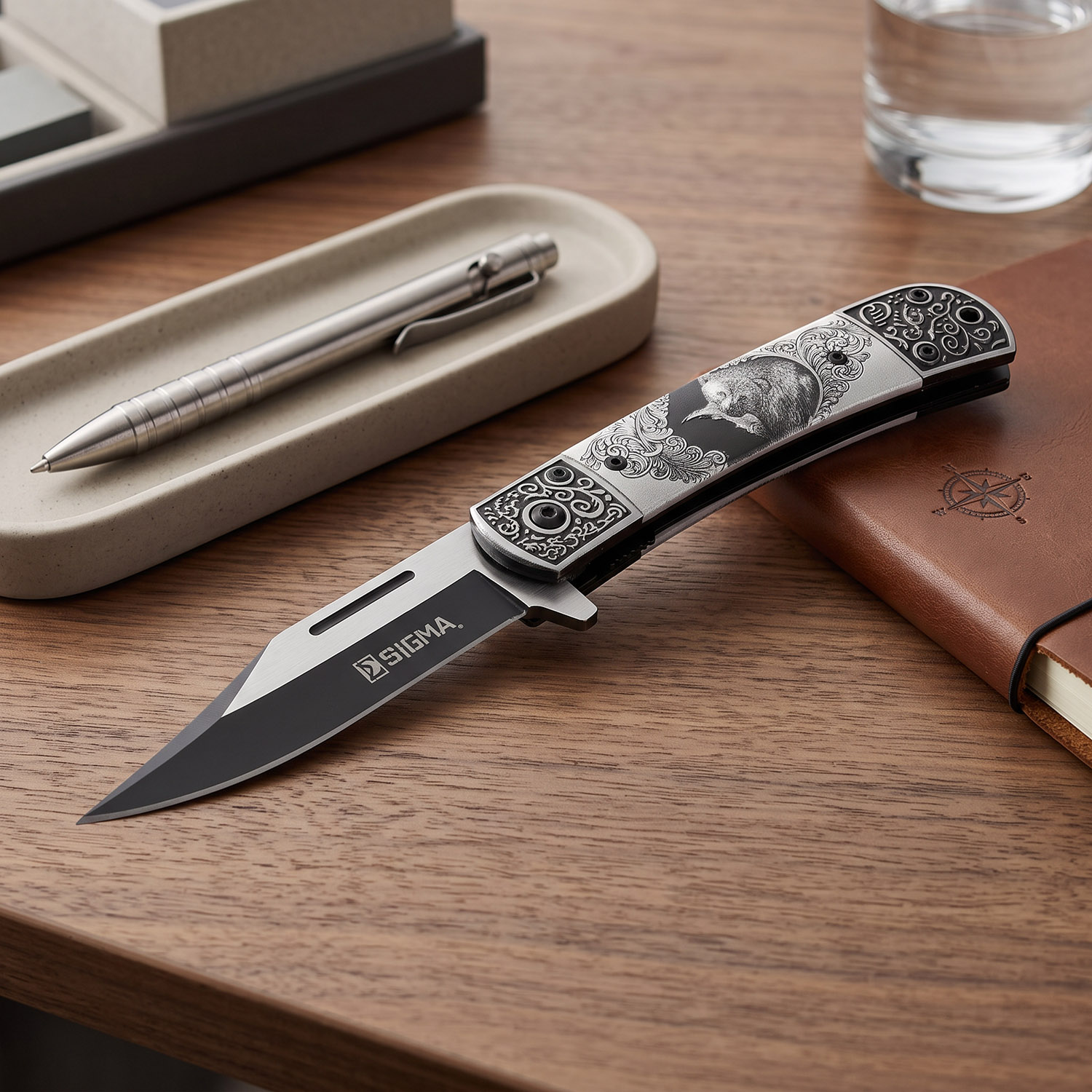 Sigma 4.5" Filigree Bear Handle Ball Bearing Flipper Pocket Knife - Image 5
